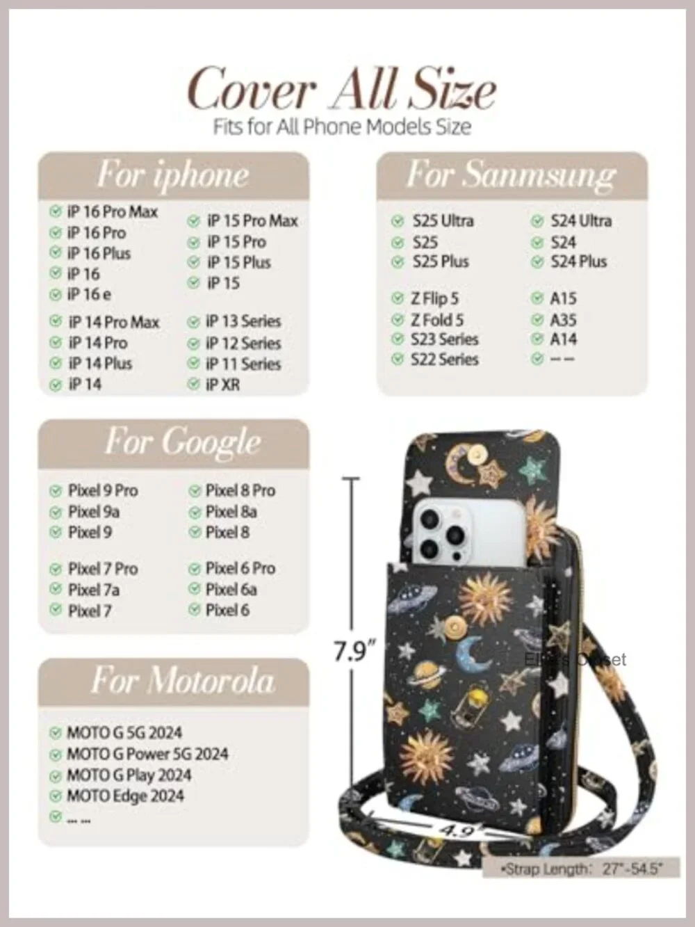 Vegan Leather Crossbody Phone Bag with 10 Card Slots, Adjustable Strap